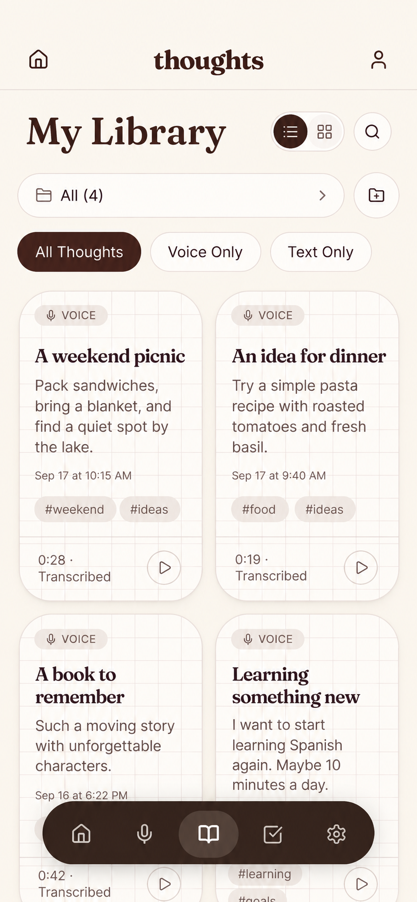 Thoughts library in grid view